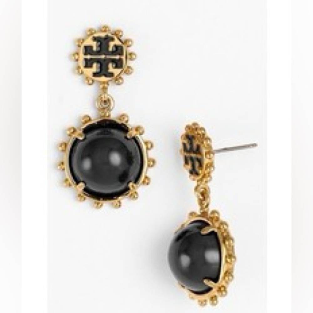 TORY BURCH WINSLOW BLACK + GOLD DROP EARRINGS - Picture 2 of 10